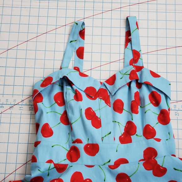 Tribal Rhythm Cherry Retro Dress Women's Medium ? Rockabilly Skater Blue Red - Picture 4 of 13